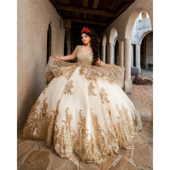 Long Sleeve Champagne Quince Dress Sequin Sweetheart Neck Vestidos De 15 Anos Lace Appliques Birthday Party Robe