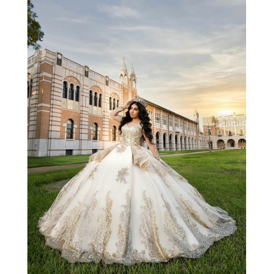 Long Sleeve Gold Quince Dress Sequin Lace Appliques Sweet 15 Gowns Sweetheart Neck Vestidos De 15 Anos