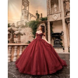 Off Shoulder Birthday Party Robe Burgundy Quince Dress Sequin Sweetheart Neck Vestidos De 15 Anos