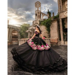 Off Shoulder Black Quince Dress 3D Flowers 2024 Ball Gown Sweetheart Neck Vestidos De 15 Anos