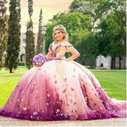 Off Shoulder Lilac On Champagne Quince Dress V Neck Vestidos De 15 Anos Lace Appliques Sequin Sweet 15 Gowns With 3D Butterfly