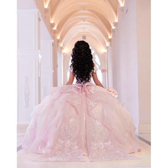 Off Shoulder Pink Quince Dress Sequin Sweetheart Neck 2024 Ball Gown Lace Appliques Vestidos De 15 Anos