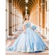 Off Shoulder Vestidos De 15 Anos Lace Appliques Sweet 15 Gowns Sweetheart Neck Sky Blue Quince Dress