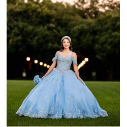 Off Shoulder Vestidos De 15 Anos Lace Appliques Sweet 15 Gowns Sweetheart Neck Sky Blue Quince Dress