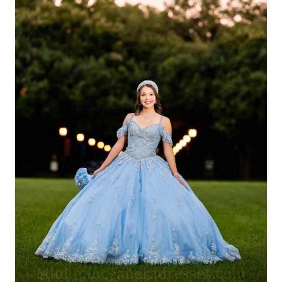 Off Shoulder Vestidos De 15 Anos Lace Appliques Sweet 15 Gowns Sweetheart Neck Sky Blue Quince Dress