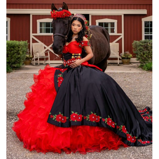 Ruffled Red On Black Quince Dress Off Shoulder Vestidos De 15 Anos Sweetheart Neck Girls Birthday Party Gown With Bow