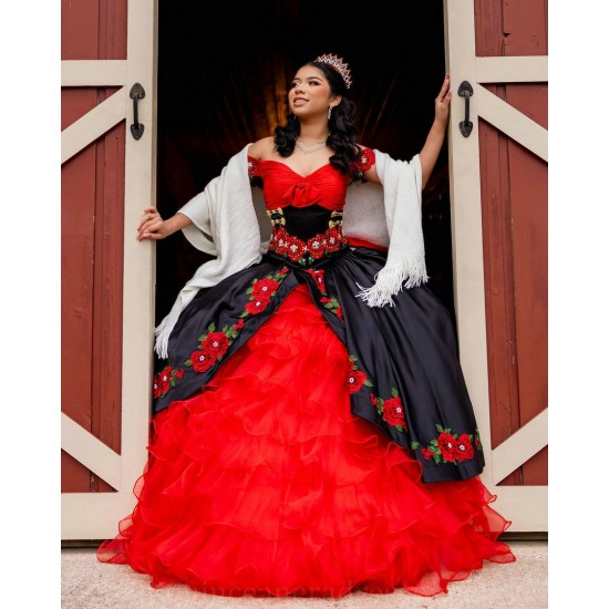 Ruffled Red On Black Quince Dress Off Shoulder Vestidos De 15 Anos Sweetheart Neck Girls Birthday Party Gown With Bow