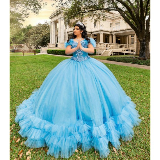 Ruffled Sky Blue Quince Dress Lace Appliques Off Shoulder Girls Sweet 16 Dresses Sweetheart Neck Vestidos De 15 Anos