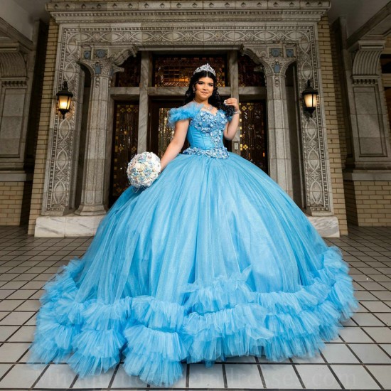 Ruffled Sky Blue Quince Dress Lace Appliques Off Shoulder Girls Sweet 16 Dresses Sweetheart Neck Vestidos De 15 Anos