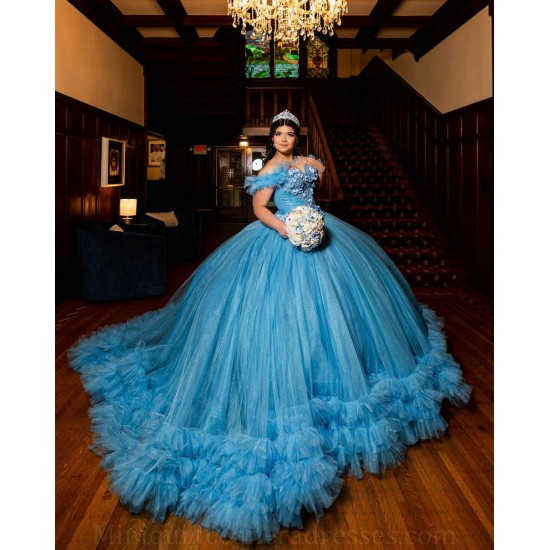 Ruffled Sky Blue Quince Dress Lace Appliques Off Shoulder Girls Sweet 16 Dresses Sweetheart Neck Vestidos De 15 Anos