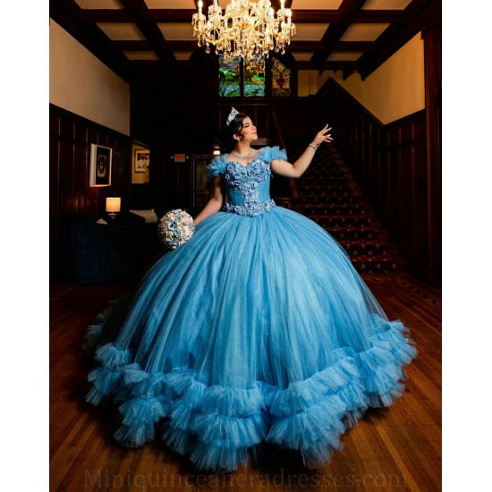 Ruffled Sky Blue Quince Dress Lace Appliques Off Shoulder Girls Sweet 16 Dresses Sweetheart Neck Vestidos De 15 Anos