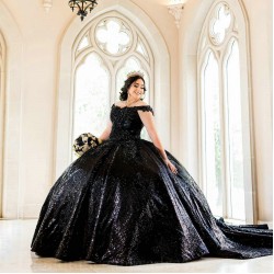 Off Shoulder Black Quince Dress Sequin Sweet 15 Gowns Sweetheart Neck Vestidos De 15 Anos