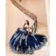 Sleeveless Navy Blue Quince Dress Sequin Lace Appliques Sweet 15 Gowns Sweetheart Neck Vestidos De 15 Anos