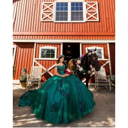 Sweetheart Neck Emerald Green Quince Dress Lace Appliques Off Shoulder Girls Sweet 16 Dresses Vestidos De 15 Anos