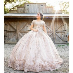 Sweetheart Neck Rose Gold Quince Dress Off Shoulder Vestidos De 15 Anos Lace Appliques Sequin Sweet 15 Gowns