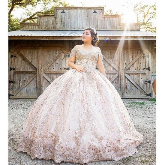 Sweetheart Neck Rose Gold Quince Dress Off Shoulder Vestidos De 15 Anos Lace Appliques Sequin Sweet 15 Gowns