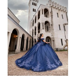 Sweetheart Neck Vestidos De 15 Anos Navy Blue Quince Dress Lace Appliques Off Shoulder Birthday Party Robe