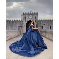 Sweetheart Neck Vestidos De 15 Anos Navy Blue Quince Dress Lace Appliques Off Shoulder Birthday Party Robe