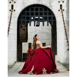 Sweetheart Neck Vestidos De 15 Anos Off Shoulder Burgundy Quince Dress Lace Appliques Sequin Sweet 15 Gowns