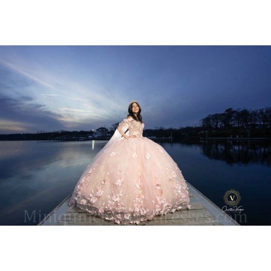 Cape Sleeve Vestidos De 15 Anos Pink Quince Dress Sweetheart Neck Birthday Party Dress With 3D Flowers