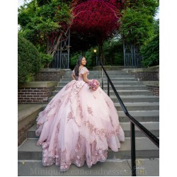 Off Shoulder Pink Quince Dress Birthday Party Gowns Sweetheart Neck Vestidos De 15 Anos With 3D Flowers