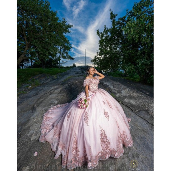 Off Shoulder Pink Quince Dress Birthday Party Gowns Sweetheart Neck Vestidos De 15 Anos With 3D Flowers