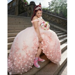 Off Shoulder Pink Quince Dress Sweetheart Neck Birthday Party Gowns 3D Flowers Vestidos De 15 Anos