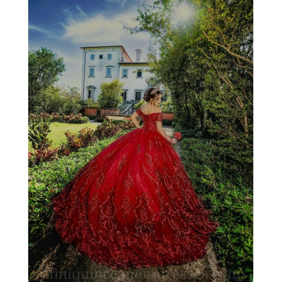 Off Shoulder Red Quince Dress Sweetheart Neck Birthday Party Gown Lace Appliques Vestidos De 15 Anos