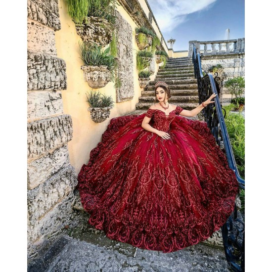 Off Shoulder Red Quince Dress Sweetheart Neck Birthday Party Gown Lace Appliques Vestidos De 15 Anos