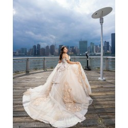 Off Shoulder Vestidos De 15 Anos Champagne Quince Dress Lace Appliques Sweetheart Neck Birthday Party Dress With Bow