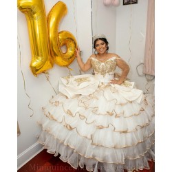 Ruffled Champagne Quince Dress Sweetheart Neck Birthday Party Gowns Long Sleeve Vestidos De 15 Anos