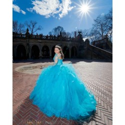 Ruffled Green Quince Dress Long Sleeve Girls Ball Gown Sweet 16 Dresses Sweetheart Neck Vestidos De 15 Anos