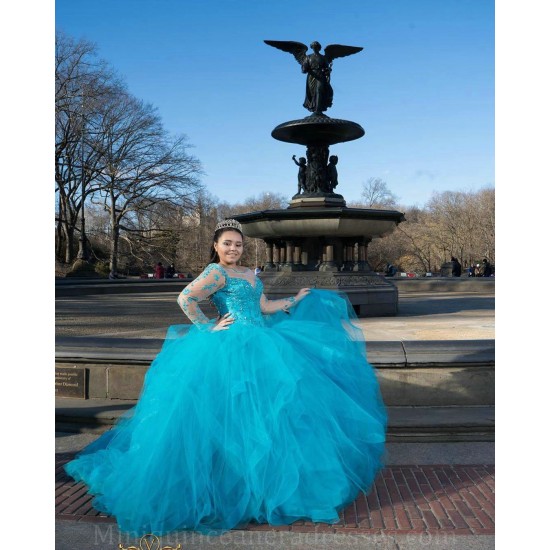 Ruffled Green Quince Dress Long Sleeve Girls Ball Gown Sweet 16 Dresses Sweetheart Neck Vestidos De 15 Anos