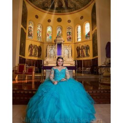 Ruffled Green Quince Dress Long Sleeve Girls Ball Gown Sweet 16 Dresses Sweetheart Neck Vestidos De 15 Anos