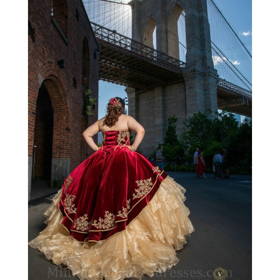 Ruffled Vestidos De 15 Anos Sleeveless Champagne On Red Quince Dress Lace Appliques Sweetheart Neck Birthday Party Dress