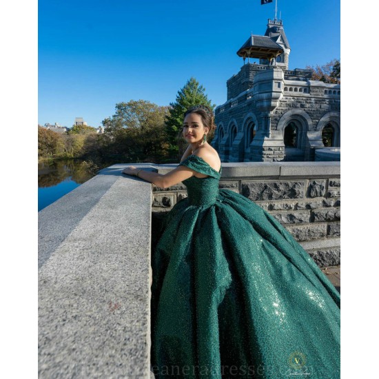 Sequin Vestidos De 15 Anos Off Shoulder Emerald Green Quince Dress Sweetheart Neck Birthday Party Dress