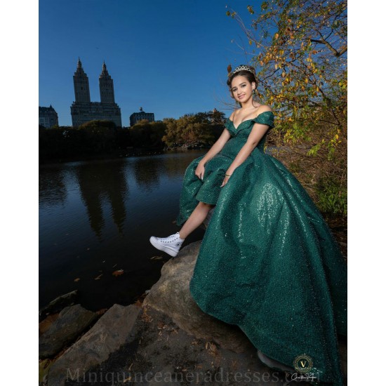 Sequin Vestidos De 15 Anos Off Shoulder Emerald Green Quince Dress Sweetheart Neck Birthday Party Dress