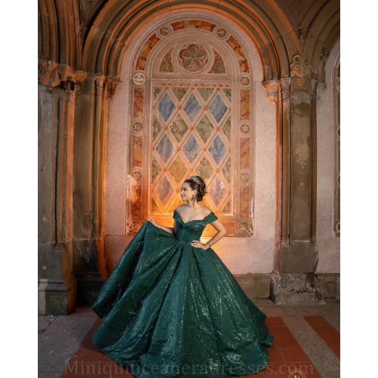 Sequin Vestidos De 15 Anos Off Shoulder Emerald Green Quince Dress Sweetheart Neck Birthday Party Dress