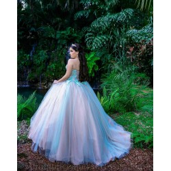 Sleeveless Blue On Pink Quince Dress Sweetheart Neck Vestidos De 15 Anos Lace Appliques Strapless Women 2024 Ball Gown