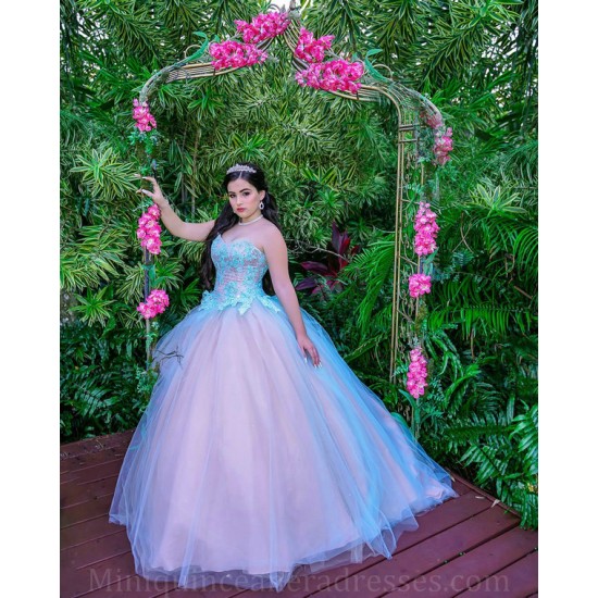 Sleeveless Blue On Pink Quince Dress Sweetheart Neck Vestidos De 15 Anos Lace Appliques Strapless Women 2024 Ball Gown