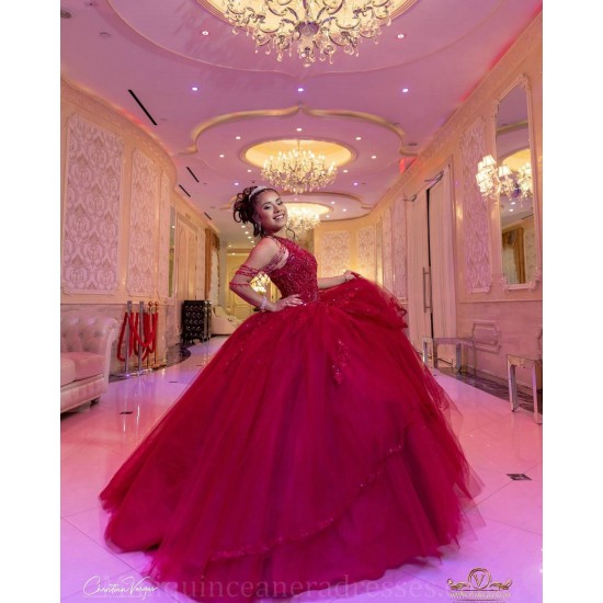 Sleeveless Burgundy Quince Dress Lace Appliques Girls Ball Gown Sweet 16 Dresses Crystal Vestidos De 15 Anos