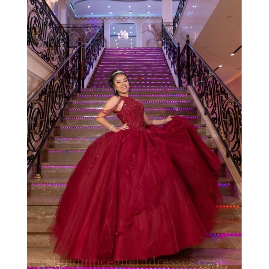 Sleeveless Burgundy Quince Dress Lace Appliques Girls Ball Gown Sweet 16 Dresses Crystal Vestidos De 15 Anos