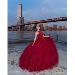 Sleeveless Burgundy Quince Dress Lace Appliques Girls Ball Gown Sweet 16 Dresses Crystal Vestidos De 15 Anos