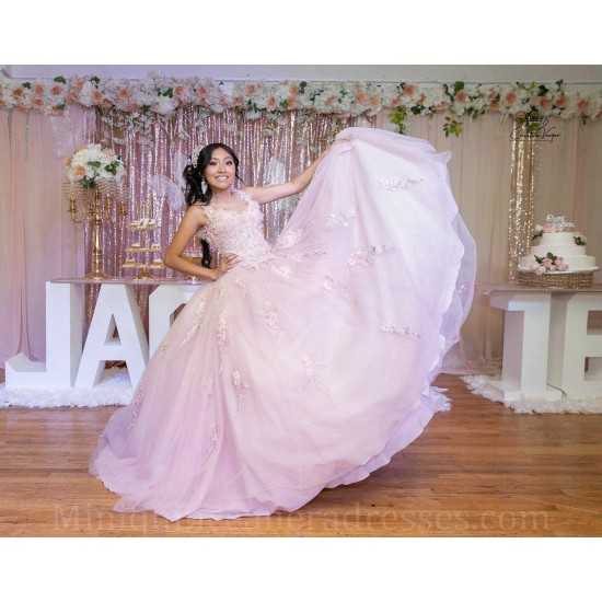 Sleeveless Princess Quinceanera Dresses Pink Quince Dress Lace Appliques Vestidos De 15 Anos