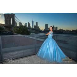 Sleeveless Sky Blue Quince Dress Lace Appliques Girls Ball Gown Sweet 16 Dresses V Neck Vestidos De 15 Anos