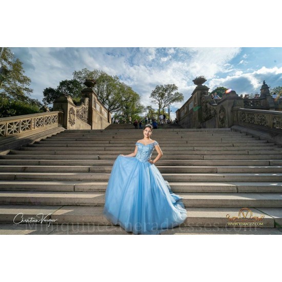 Sleeveless Sky Blue Quince Dress Lace Appliques Girls Ball Gown Sweet 16 Dresses V Neck Vestidos De 15 Anos