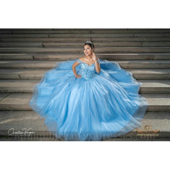 Sleeveless Sky Blue Quince Dress Lace Appliques Girls Ball Gown Sweet 16 Dresses V Neck Vestidos De 15 Anos