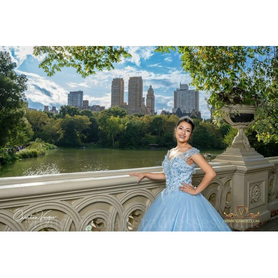 Sleeveless Sky Blue Quince Dress Lace Appliques Girls Ball Gown Sweet 16 Dresses V Neck Vestidos De 15 Anos