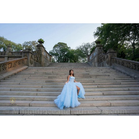 Sleeveless Vestidos De 15 Anos Sky Blue Quince Dress Lace Appliques Tiered Girls Ball Gown Sweet 16 Dresses