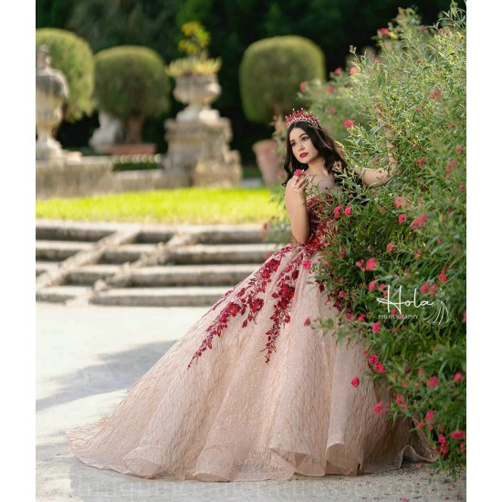 Sweetheart Neck Rose Gold Quince Dress Strapless Birthday Party Gown Lace Appliques Sequin Vestidos De 15 Anos